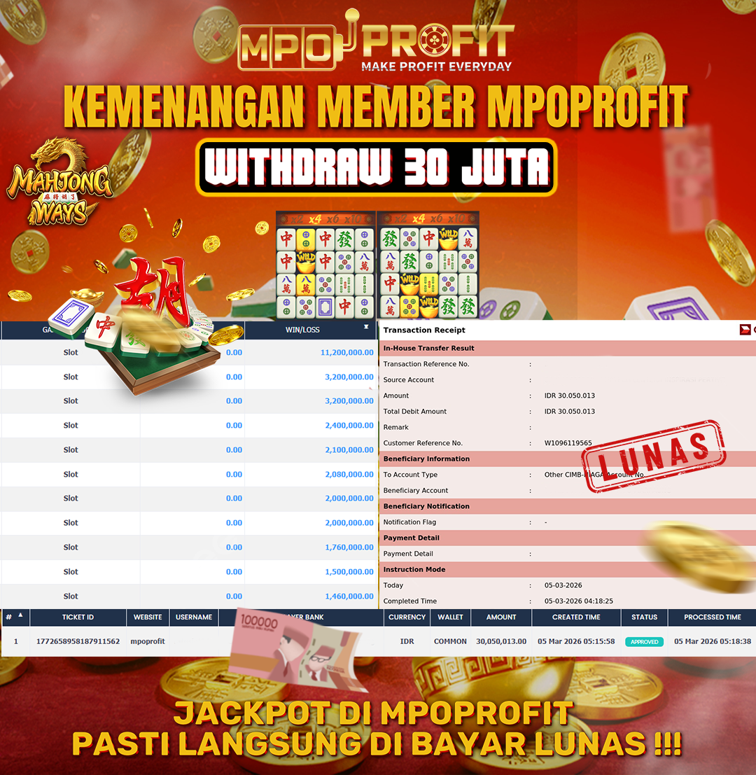 MPOPROFIT JACKPOT SLOT PGSOFT! KEMENANGAN MURNI DI (MAHJONG WAYS TOTAL RP. 30.050.013,- LUNAS)